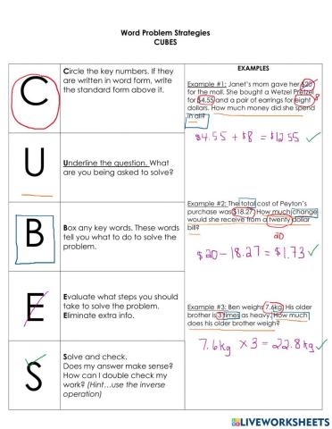C.U.B.E.S Word Problems 1-5