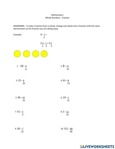 Whole Numbers Minus Fractions