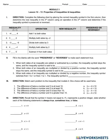 Module 3 Lesson 12 - 13: Properties of Inequality - Inequalities
