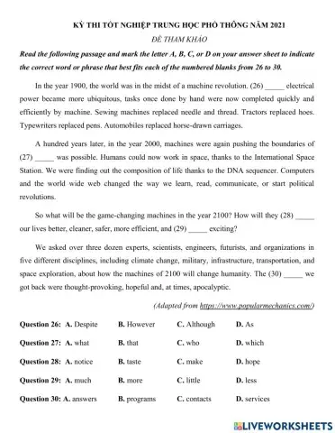 TỐT NGHIỆP THPT 2021 - Reading - Đề tham khảo 4