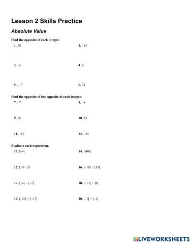5.2 Absolute Value Activities