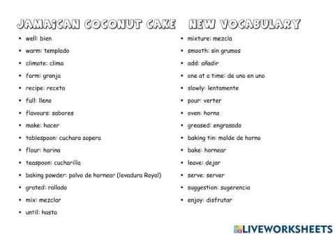 Jamaican Coconut Cake. New Vocabulary. Tiger 6.