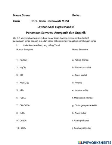 Kuis soal-soal Penamaan Senyawa Anorganik dan organik