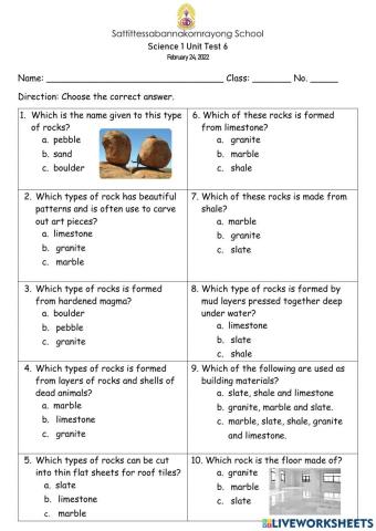 Science Primary 1 -- Unit Test 6