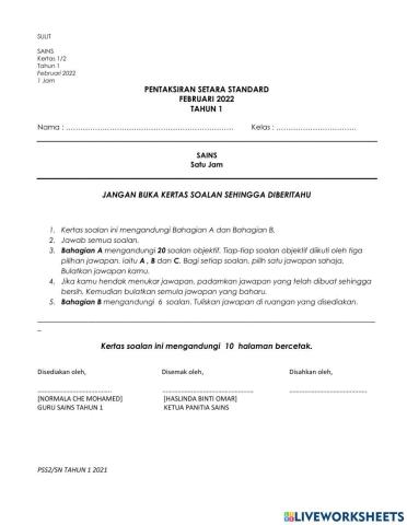 Pentaksiran setara standard sains tahun 1