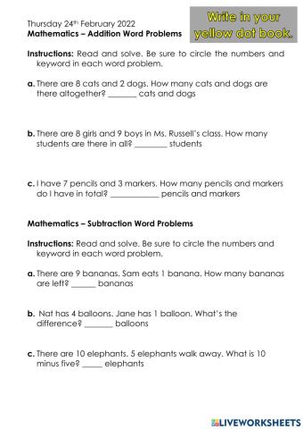 Addition and Subtraction Story Problems