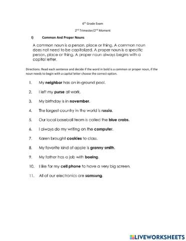 6th grade exam 2nd trim 2nd moment