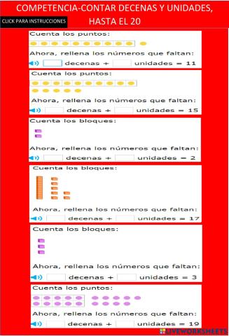 Contar decenas y unidades, hasta el 20