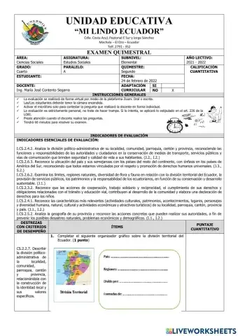 Exámen Quimestral Cuarto Estudios Sociales