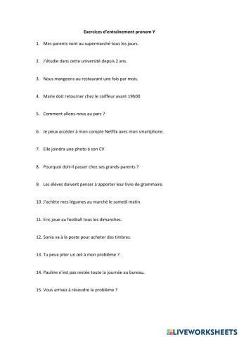 Le pronom Y exercices
