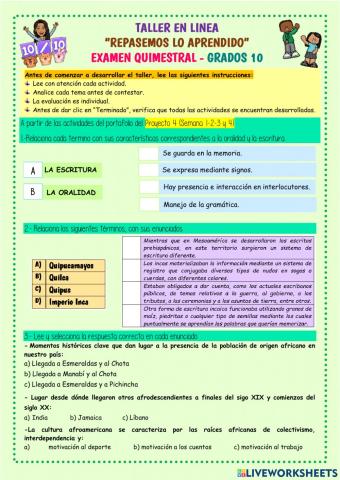 EXAMEN QUIMESTRAL LENGUA Y LITERATURA GRADO 10 A