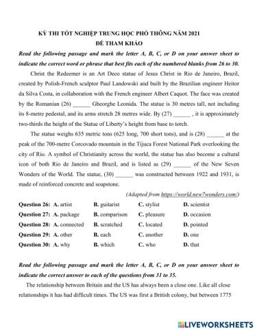 TỐT NGHIỆP THPT 2021 - Reading - Đề tham khảo 6