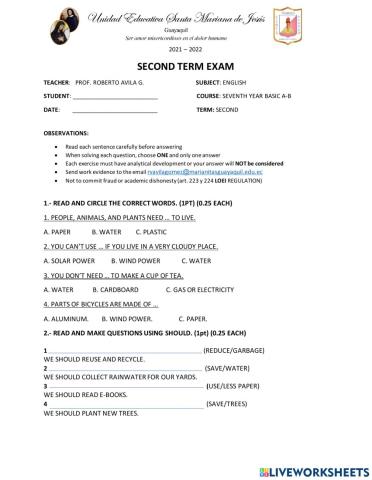 Second term english exam 7th grade