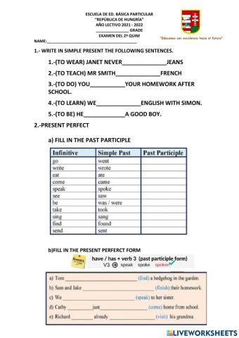 Examen de inglès OCTAVO 2DO QUIMESTRE