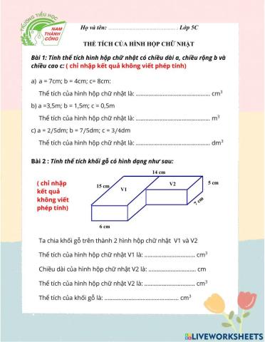 Thể tích hình hộp chữ nhật