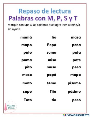 Lectura de palabras con m, p, s y t