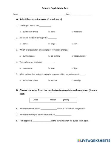 Science Pupil- Made Assessment