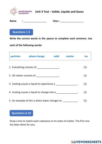 Unit 3 Test - Solids, Liquids and Gases