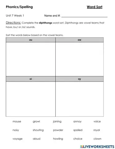Word Sort- Unit 7 Week 1