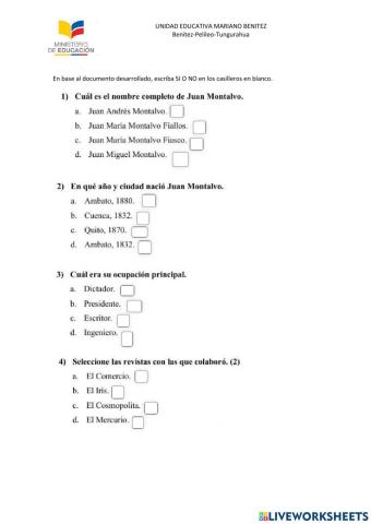 Evaluación: Reseña histórica de Juan Montalvo
