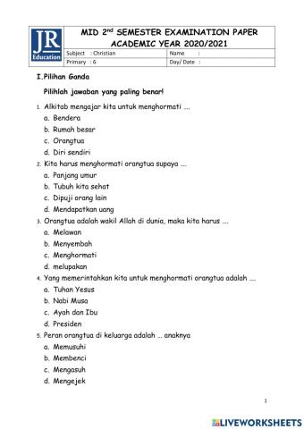 Mid semester Christian Grade 1