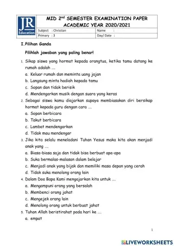 Mid semester Christian grade 3