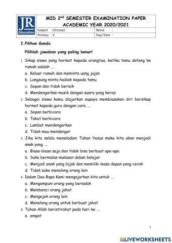 Mid semester Christian grade 3