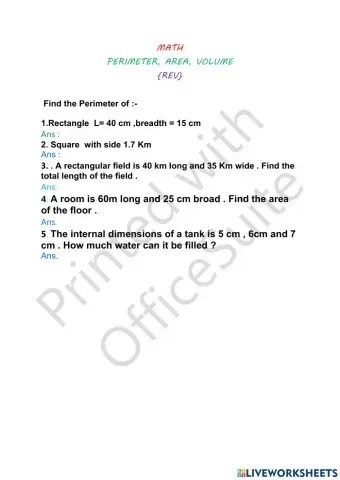 Class 5 math perimeter ,area and volume