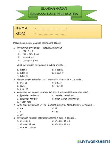 Ulangan harian persamaan dan fungsi kuadrat