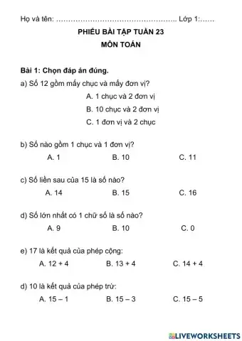 Phiếu bài tập tuần 23