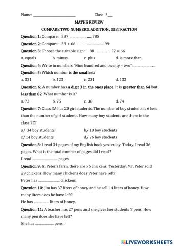 Grade 3 - Review Addition Subtraction Word Problems
