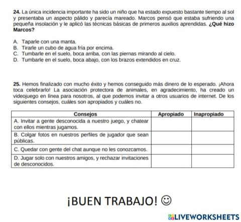 Prueba CAM 6º: Competencias básicas ciencias y tecnología 24 y 25