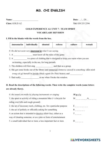 28.02.22 Gold A2- U7 Vocab Revision