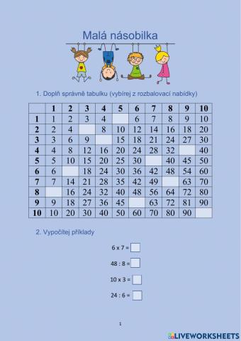 Malá násobilka - pracovní list