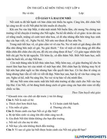 Ôn tập giữa kì 2 môn tiếng việt