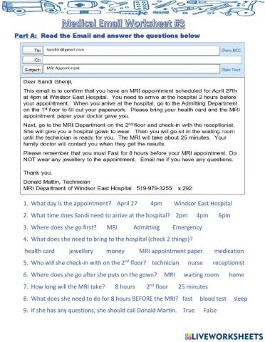 Medical email with instructions