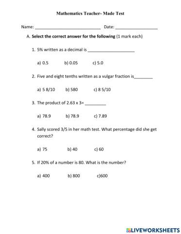 Mathematics Assessment 5 OL G6