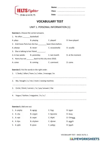 Vocab Test U1-BASIC IELTS