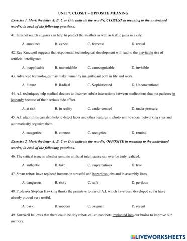 Y12 Unit 7 - Closet - Opposite meaning