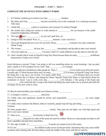 English 7 - UNIT 7 - TEST 1