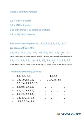 CHILL5 Math Decimals Tenths Counting Patterns Set 1