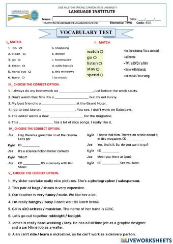 ELEMENTARY 2 - VOCABULARY TEST - Mod1&2