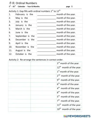 Ordinal Numbers 1st to 31st +Months