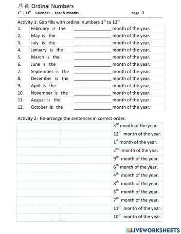 Ordinal Numbers 1st to 31st +Months