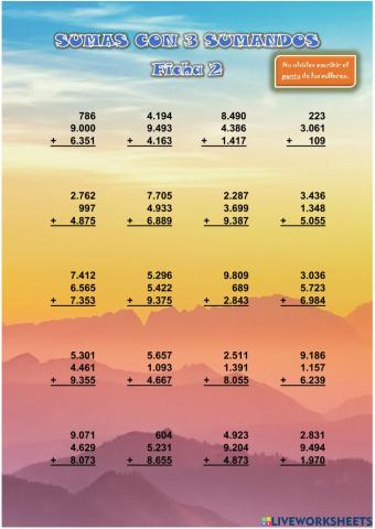 SUMAS CON 3 SUMANDOS con hasta 4 cifras. Ficha 2