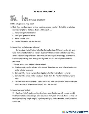 UH Bahasa Indonesia Kelas 6 Tema 8 Subtema 3