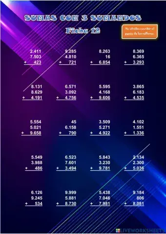 SUMAS CON 3 SUMANDOS con hasta 4 cifras. Ficha 12