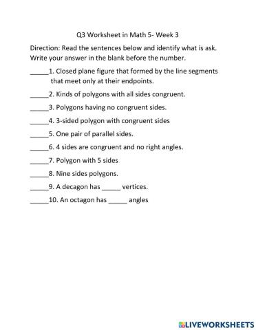 Worksheet Math 5 Week 3