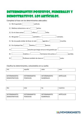 Determinantes posesivos, demostrativos, numerales y artículos