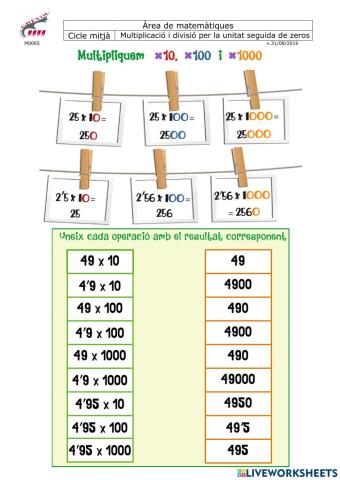 Multiplicacions i divisions per la unitat seguida de zeros